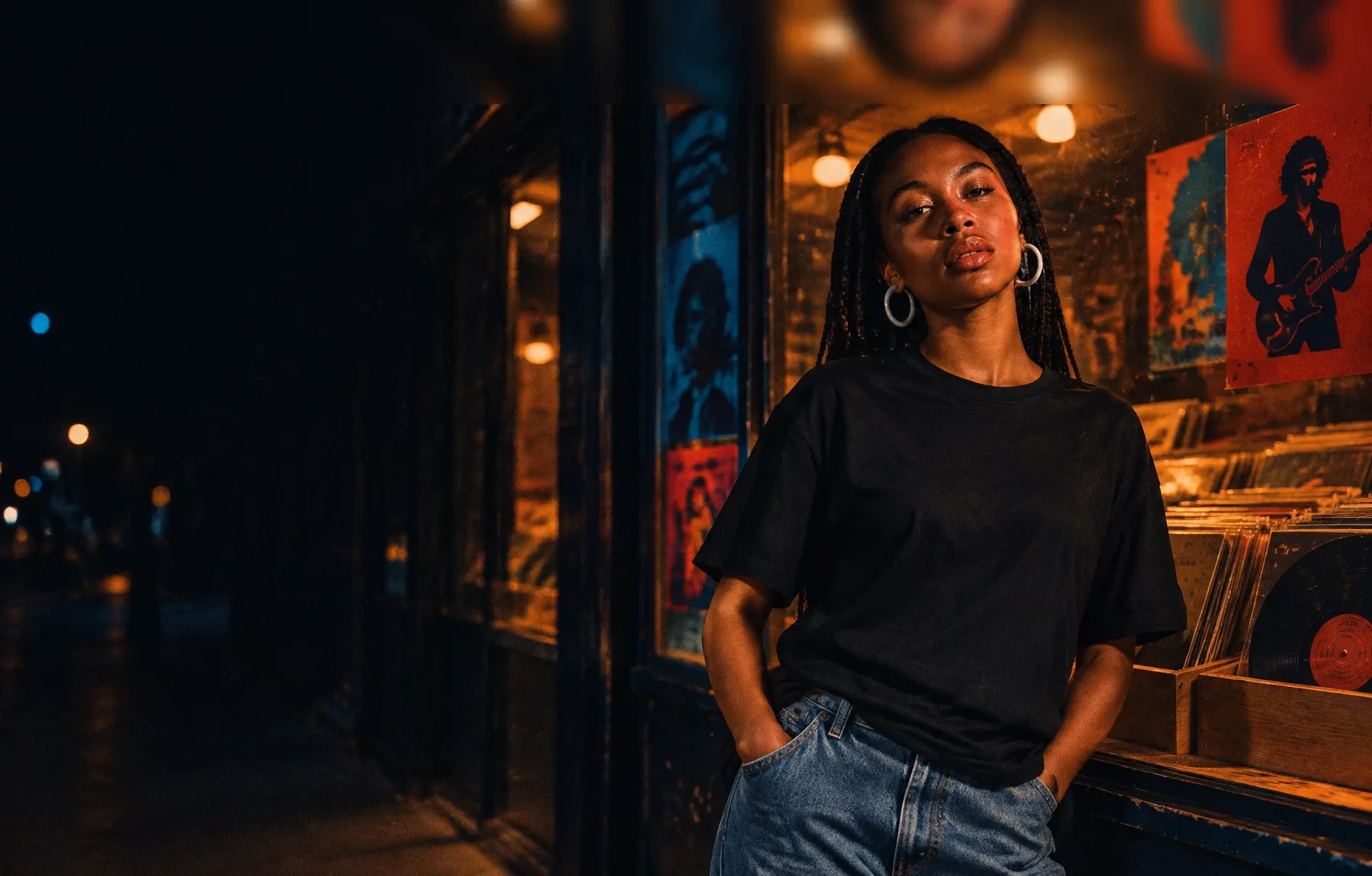 Streetwear lookbook portrait outside a warmly lit record store